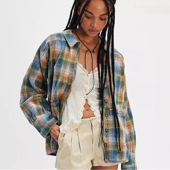 We The Free Plaid Long Sleeve Shirt Oversized Relax Fit - Picture 3 of 12